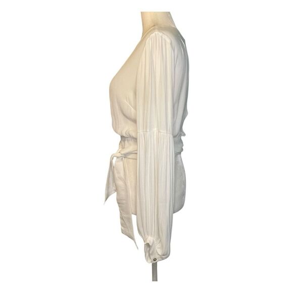 Forever 21 Cropped Wrap Top White Rayon Knit Puff Long Sleeve Round Neck S - Picture 3 of 5